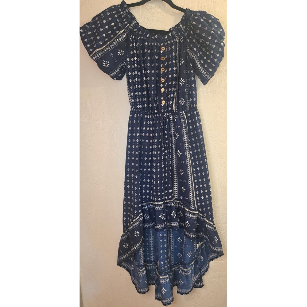 Girl Soul Women's Bohemian Navy Floral Hi/Lo Puff Sleeve Button‎ Dress Size S